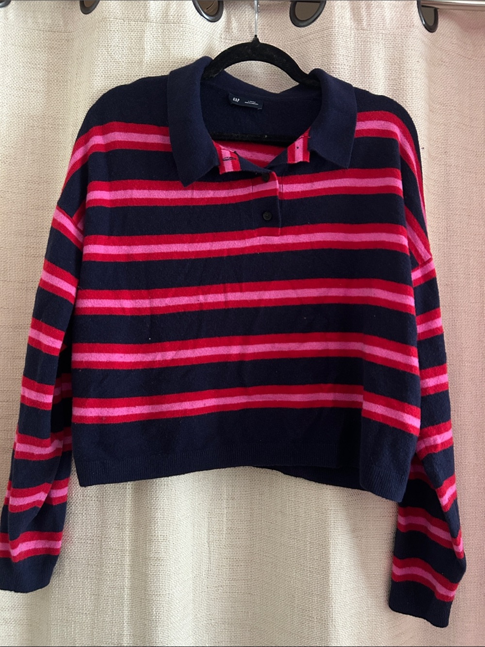 GAP Women's Navy Sweater with Pink/Red Stripes